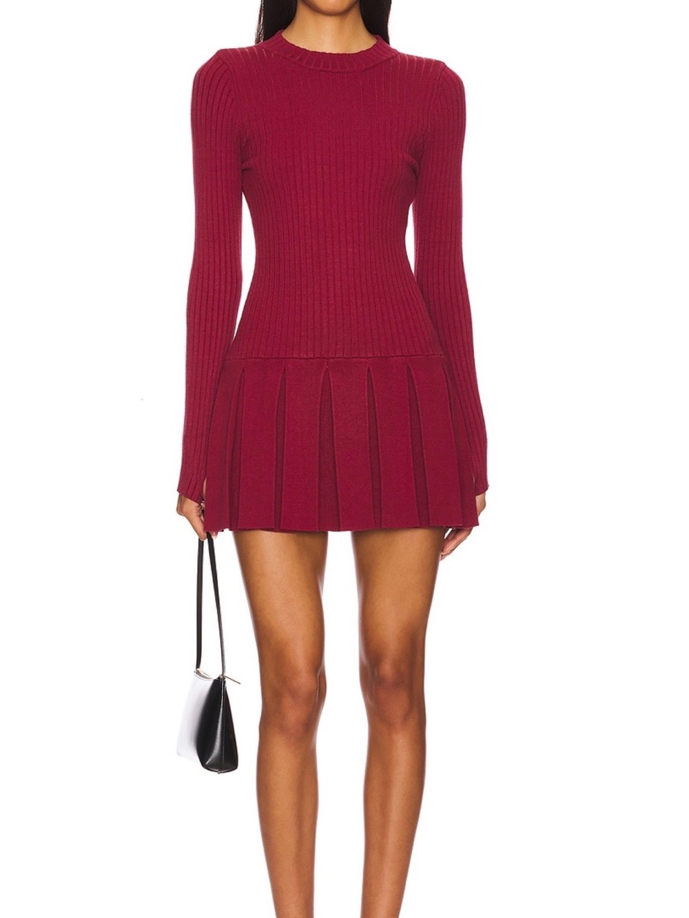 Free People Burgundy Ribbed Pleated Mini Dress